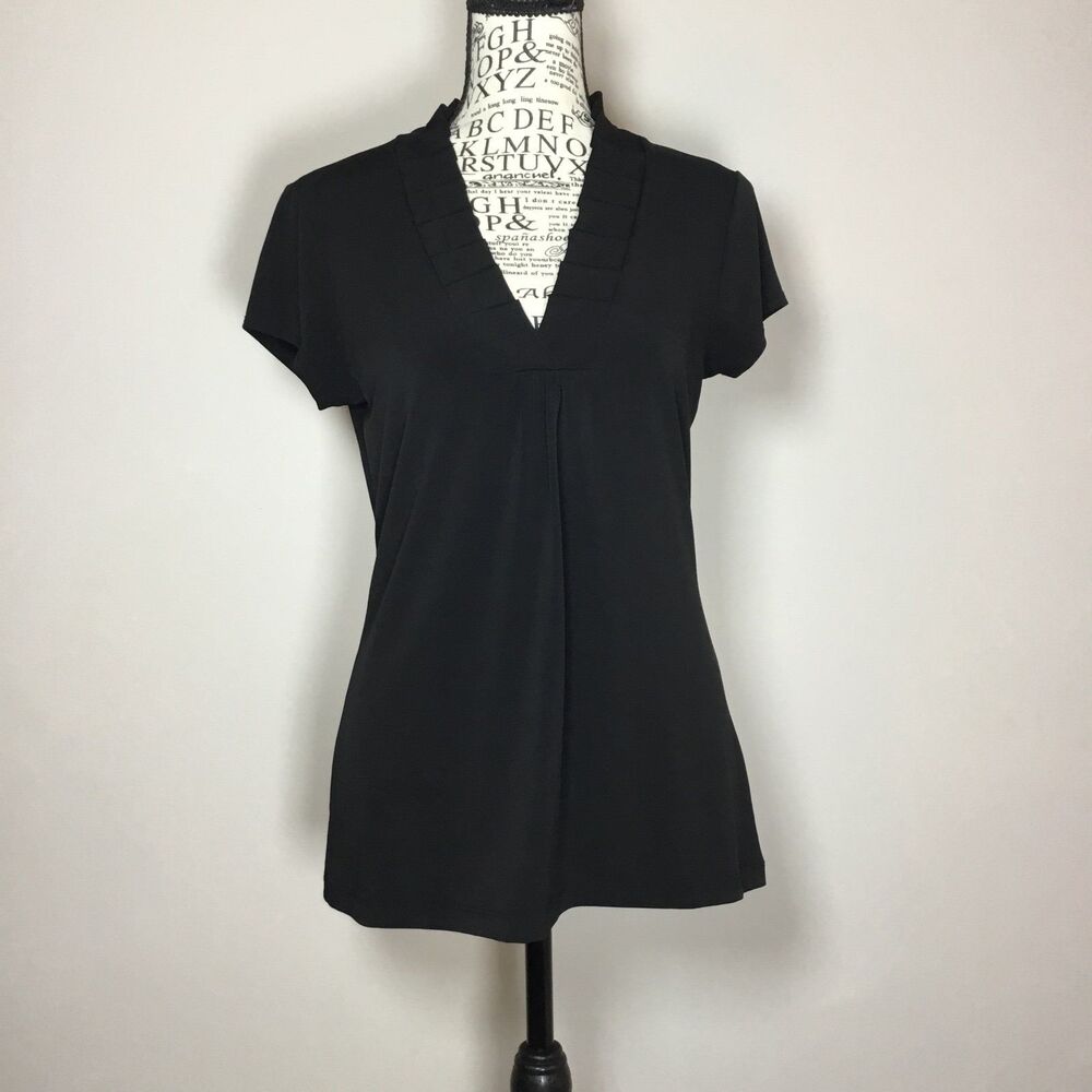 Black stretchy pleat neck top minimalist closet staple versatile business S